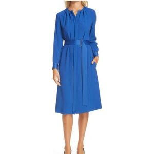 HUGO BOSS Dibanora Satin Accent Long Sleeve‎ Dress In Blue Size 0